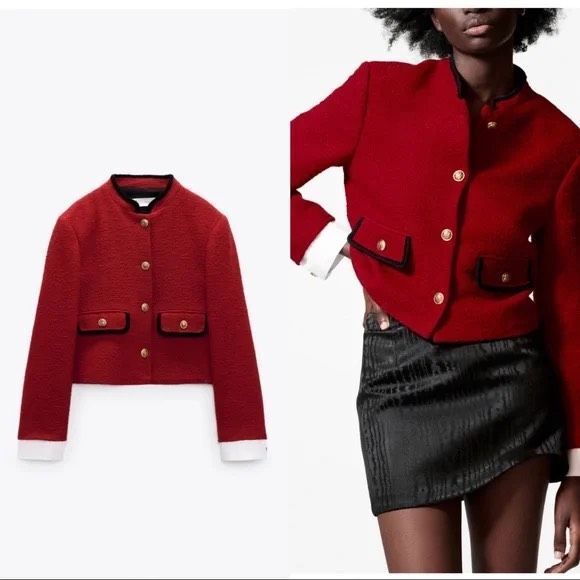 Zara Womens Red Long Sleeve Textured Weave Pockets Blazer Jacket Size Medium - Picture 1 of 10